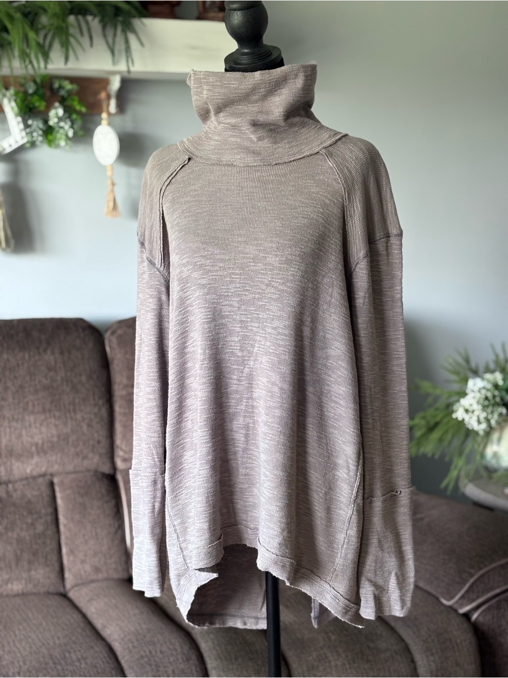 We The Free Dusty Taupe Cowl-Neck Tunic Sweater